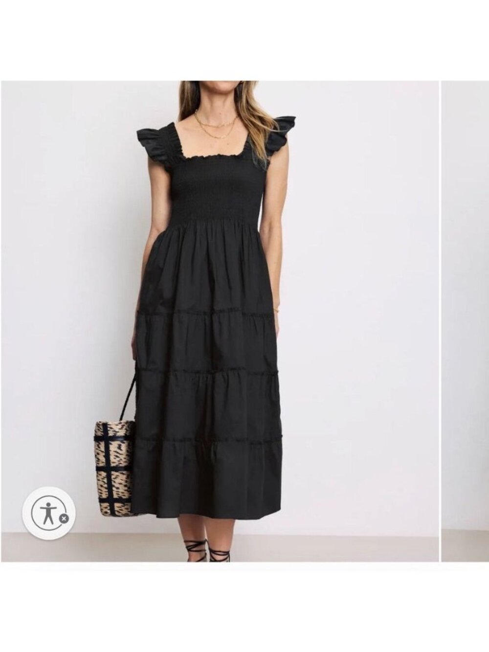 Hill House Home Ellie Nap Dress Womens Size L Black Swiss Dot Tiered Maxi O65